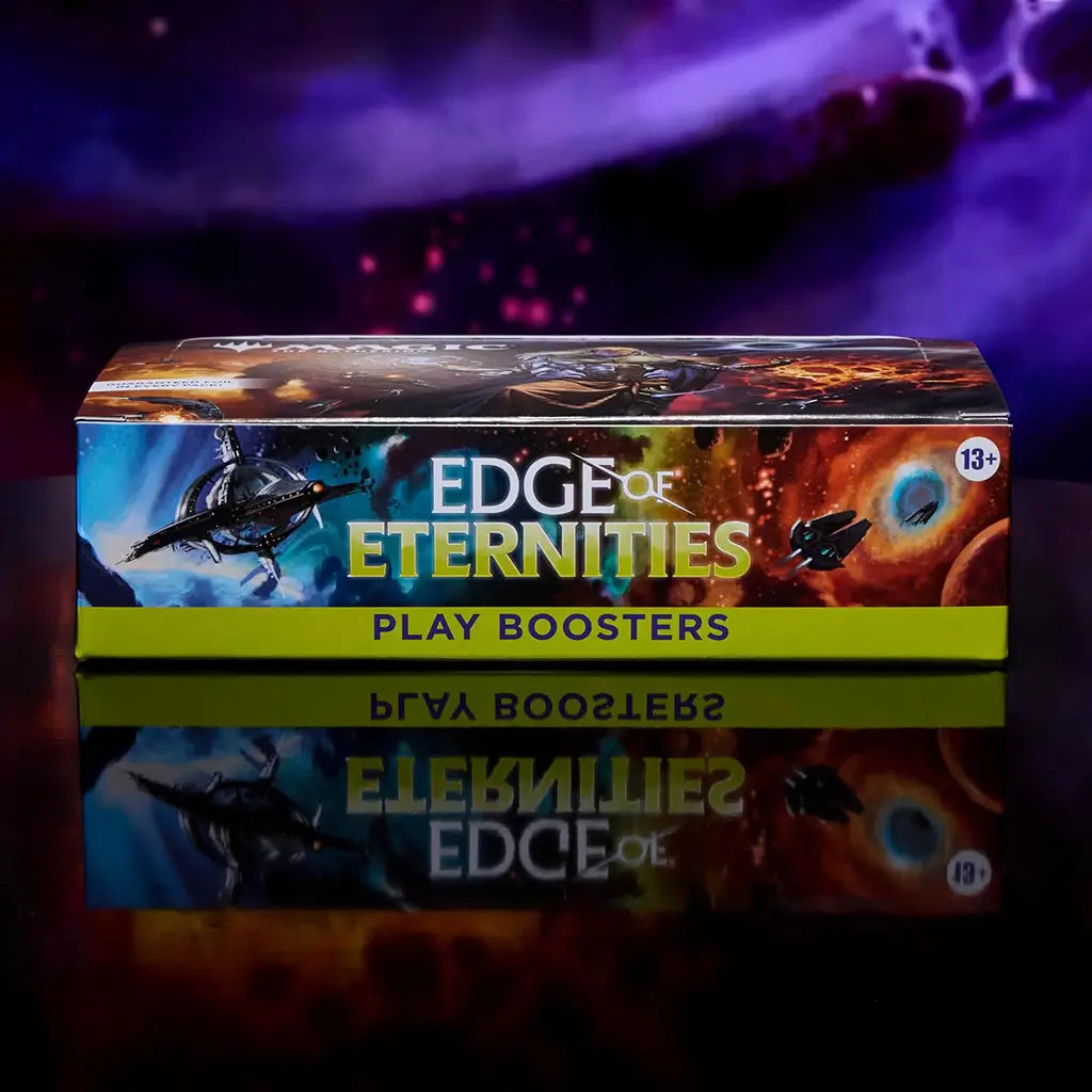 Side of Magic: The Gathering Edge of Eternities Play Booster box features bold space-themed artwork and the set name, designed for ages 13 and up, promoting the intergalactic setting of the card game expansion.