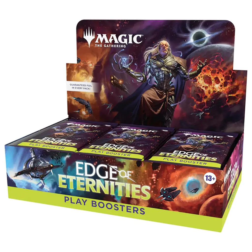 Display box of Magic: The Gathering Edge of Eternities Play Boosters featuring vivid outer space artwork and a powerful armored character, containing multiple booster packs for players aged 13 and up.