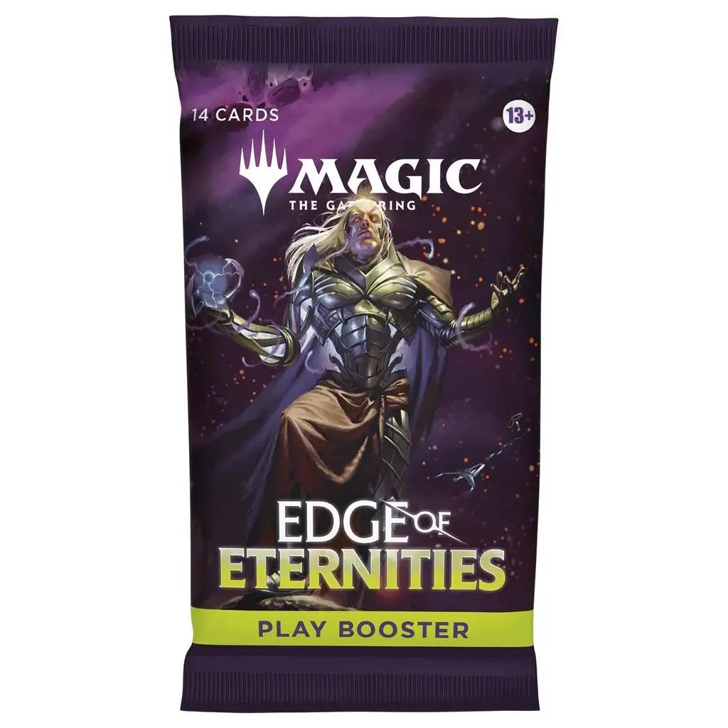 Front of Magic: The Gathering Edge of Eternities Play Booster pack, designed for ages 13 and up, featuring a powerful armored character casting a spell, with 14 collectible trading cards included.