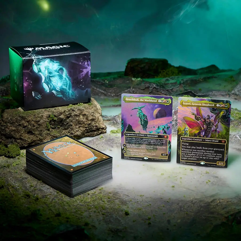 Full display of the Magic: The Gathering World Shaper Commander Deck with a deck box, full card stack, and two prominent legendary foil cards—Hearthhull and Szarel. Set in a lush, fantasy-inspired setting with glowing fog and green lighting.