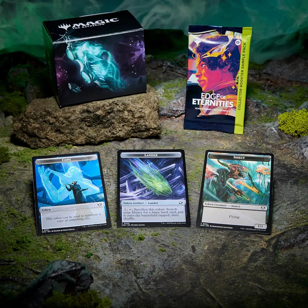 Display of Magic: The Gathering World Shaper Commander Deck with a storage box, collector booster pack, and three detailed token cards for Copy, Lander, and Insect. Set on a mossy rock surface with glowing green lighting, evoking a mystical forest environment.