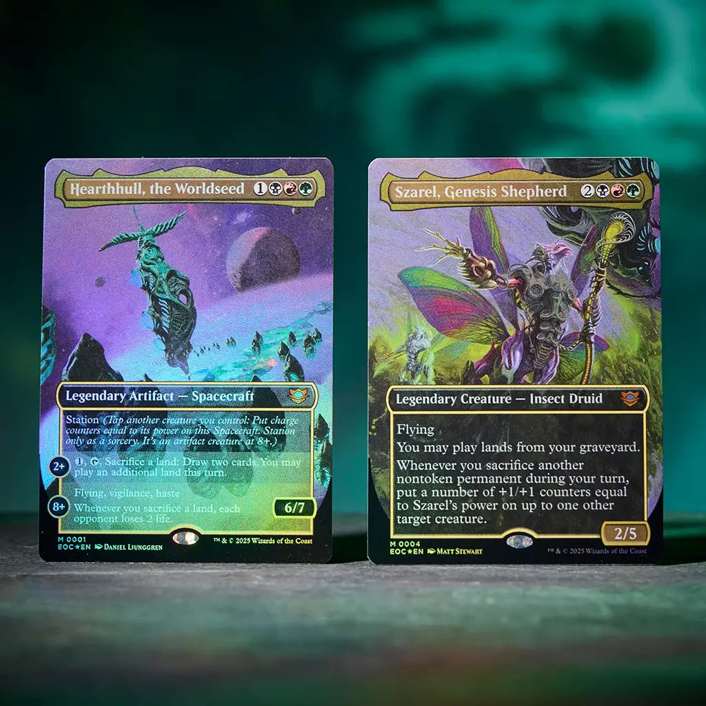 Close-up of two foil legendary cards from the Magic: The Gathering World Shaper deck—Hearthhull, the Worldseed, a spacecraft artifact, and Szarel, Genesis Shepherd, an insect druid creature. Both cards are vibrant, highly detailed, and set against a cosmic background.
