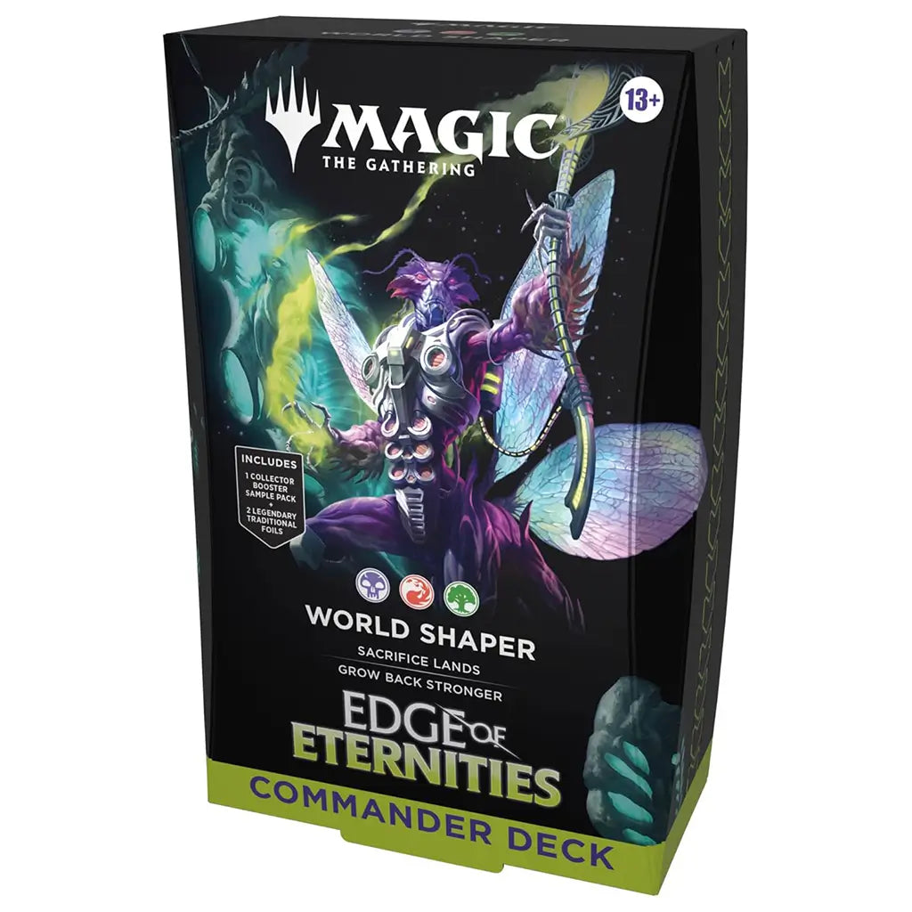 Box packaging of Magic: The Gathering's World Shaper Commander Deck from the Edge of Eternities set, designed for players aged 13 and up. Features vibrant fantasy artwork of a powerful insectoid warrior wielding a magical staff, and includes symbols for black, red, and green mana.