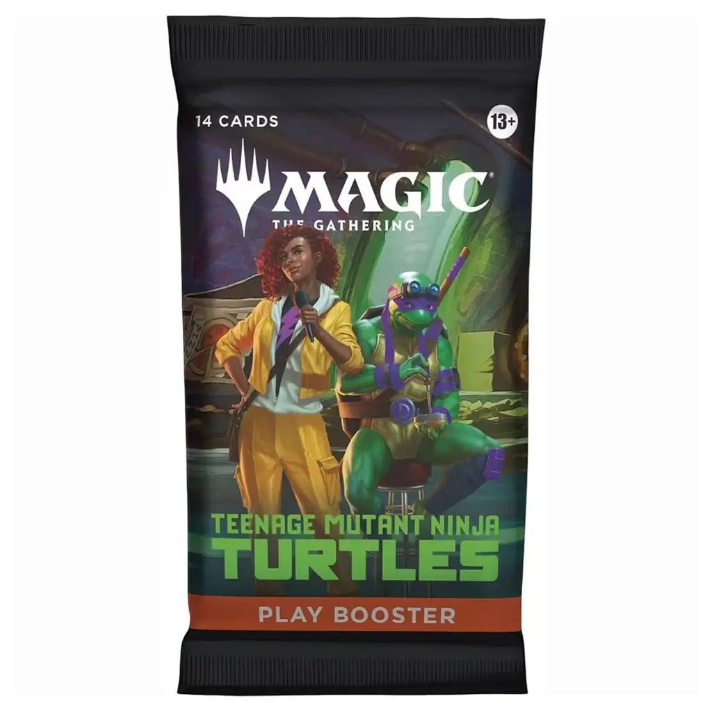 Magic: The Gathering Teenage Mutant Ninja Turtles black foil play booster pack features April O'Neil and Donatello artwork, with 14-card and 13+ labels on a white background.
