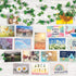 Close-up of 3C4G wall collage showing vibrant travel and nature-themed cards like rainbows, flowers, and sunsets, surrounded by glowing ivy fairy lights.