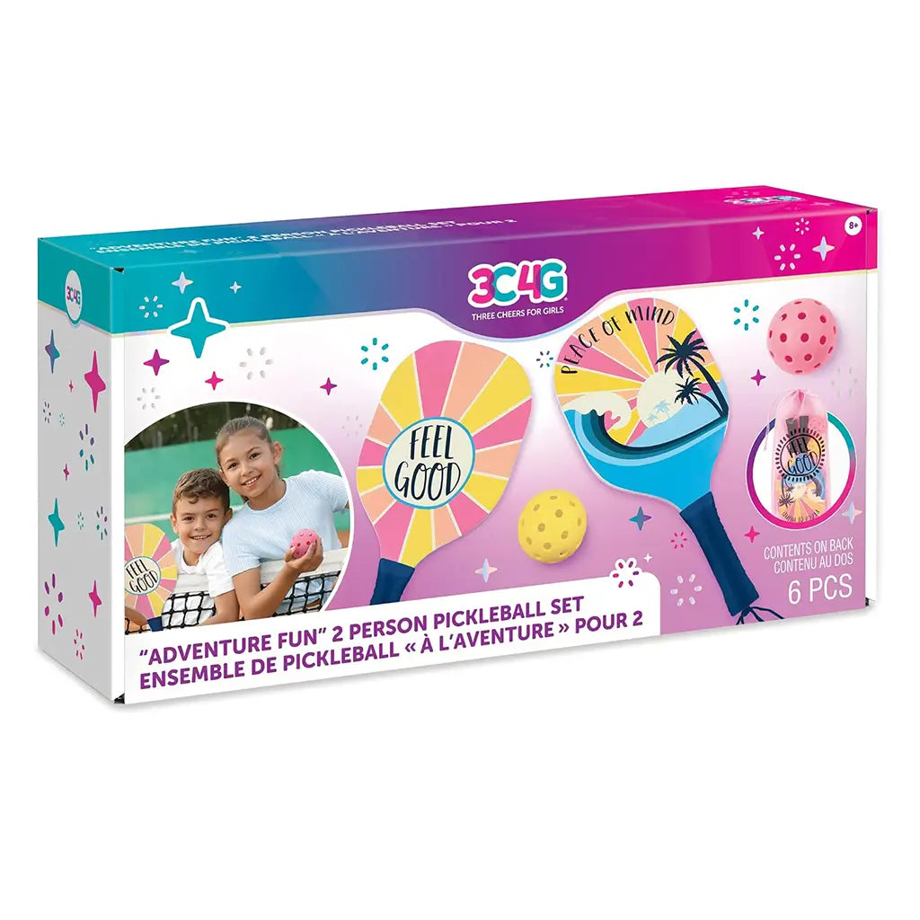 Front of 3C4G Adventure Fun 2-Person Pickleball Set box showing colorful paddles, pickleballs, and kids playing outdoors, highlighting cheerful “Feel Good” and “Peace of Mind” prints.