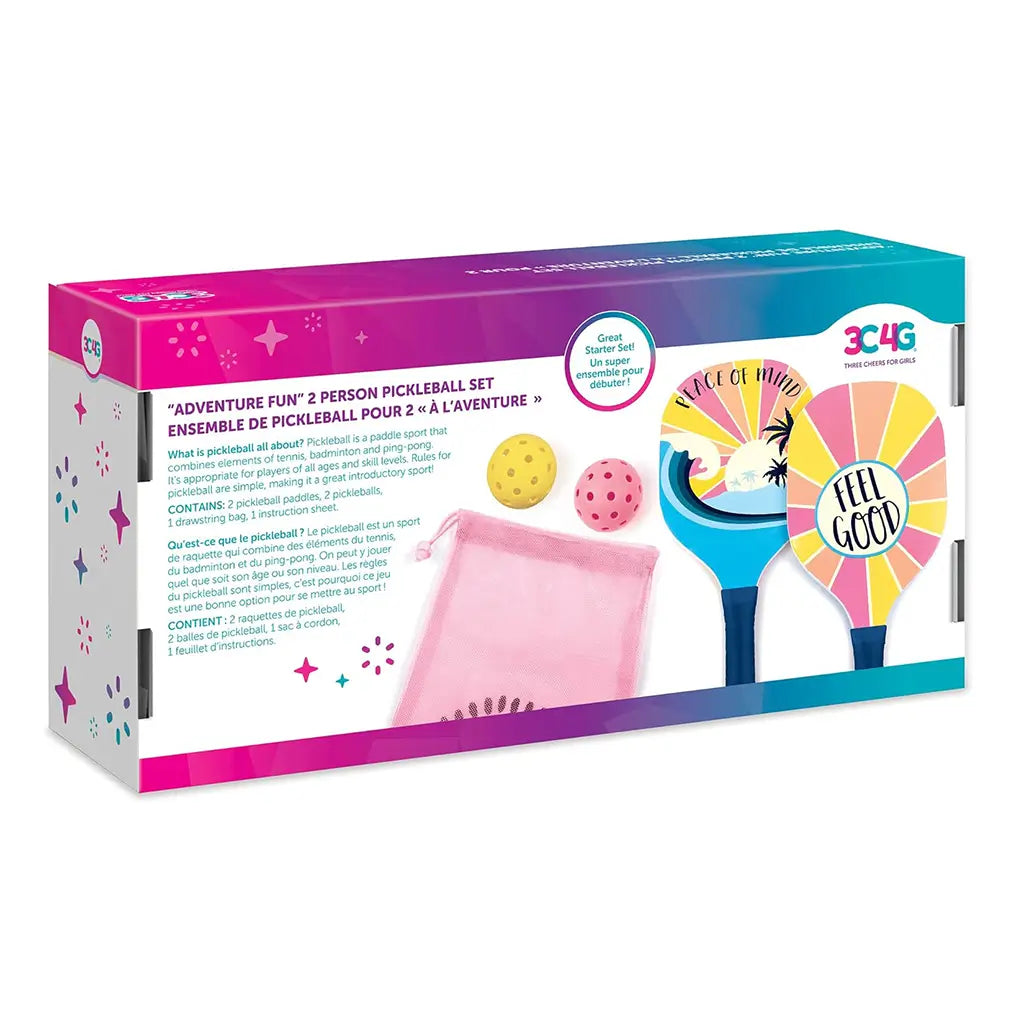Back of 3C4G Adventure Fun Pickleball Set packaging showing paddles, pickleballs, a pink mesh bag, and product description promoting easy starter gameplay for two players.