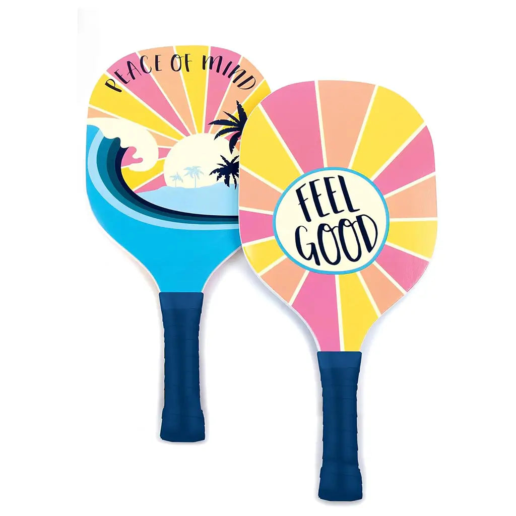 Close-up of 3C4G Adventure Fun paddles with tropical and pastel designs reading “Feel Good” and “Peace of Mind,” featuring dark blue handles for comfortable play.