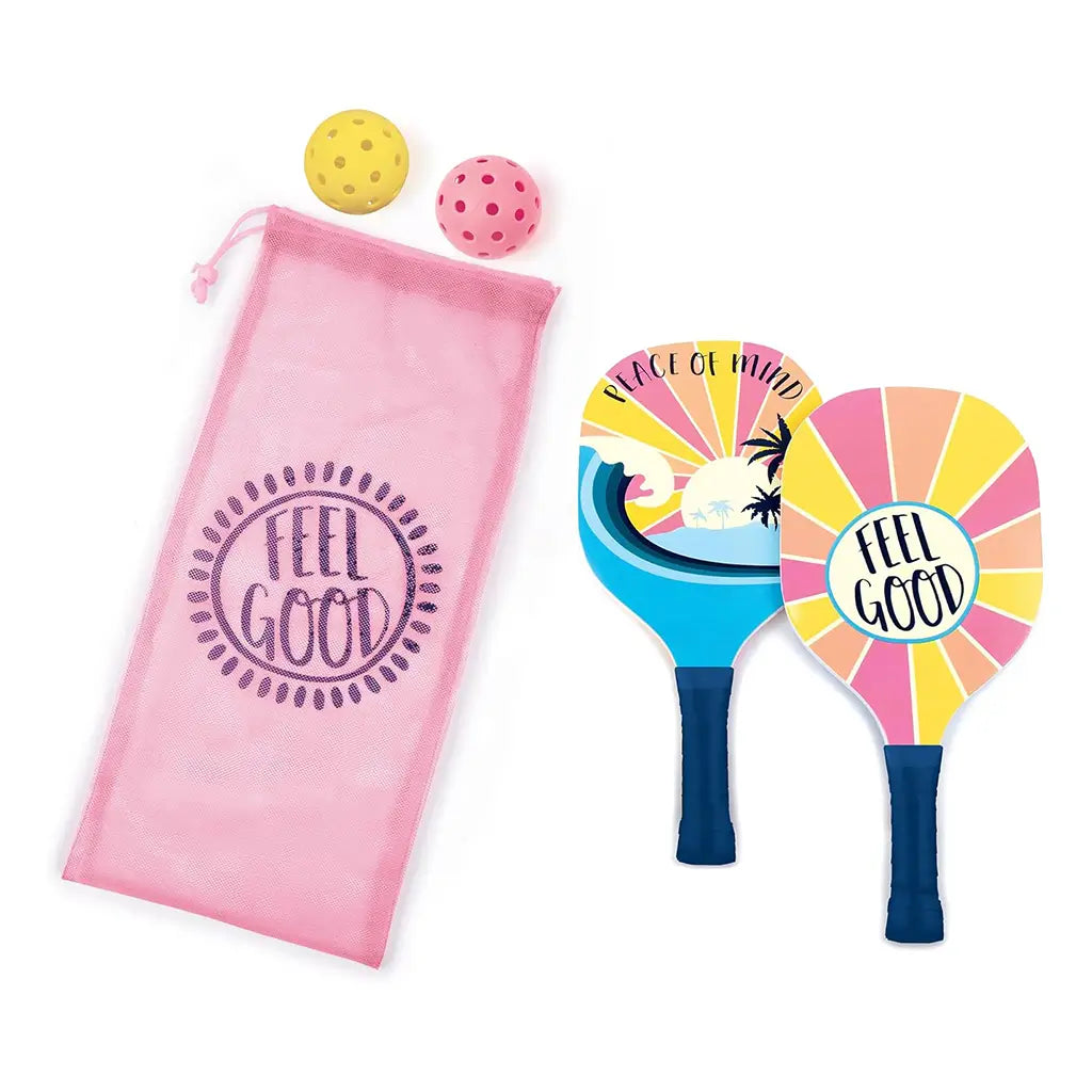 Complete 3C4G Adventure Fun Pickleball Set including two pastel paddles, two perforated balls, and a pink drawstring storage bag labeled “Feel Good.”