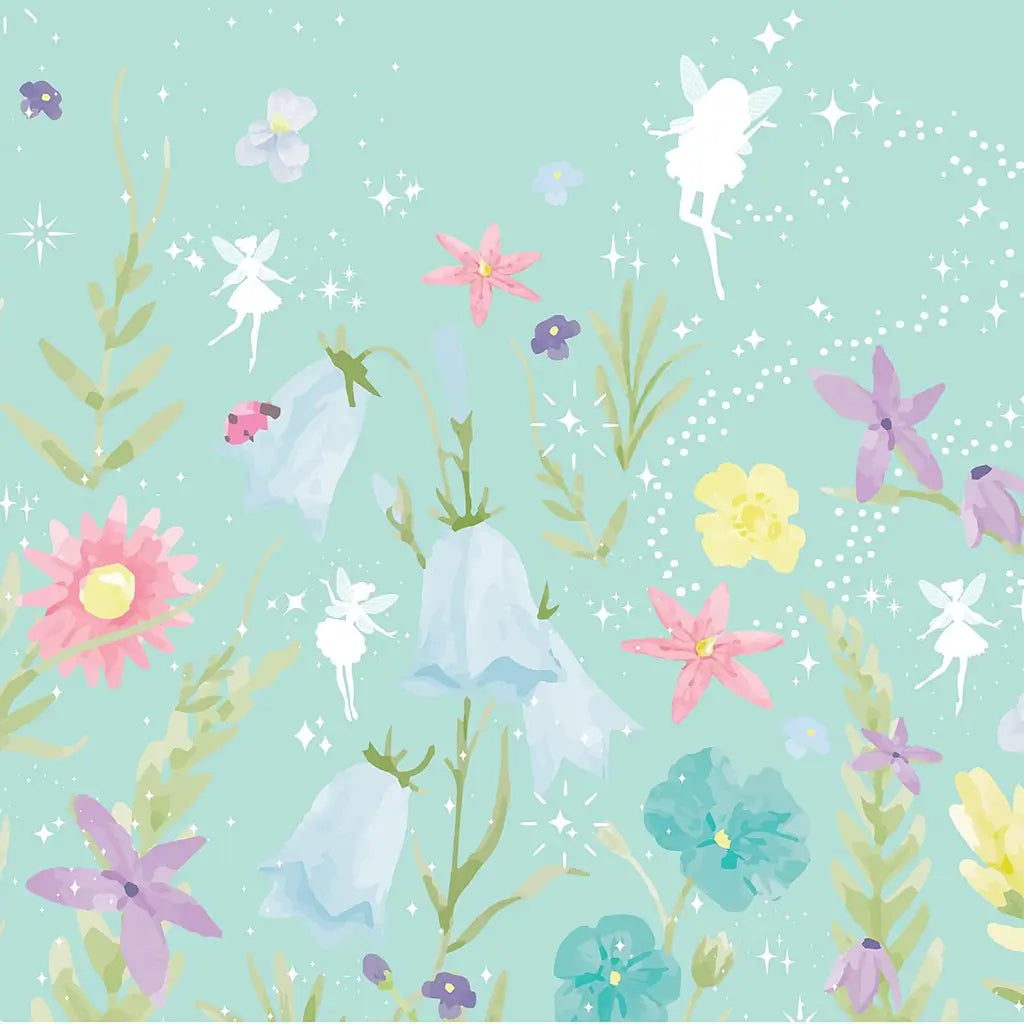 Close-up of 3C4G Inflatable Fairy Garden Chair pattern featuring pastel flowers, sparkling stars, and delicate white fairy silhouettes on a mint green background.
