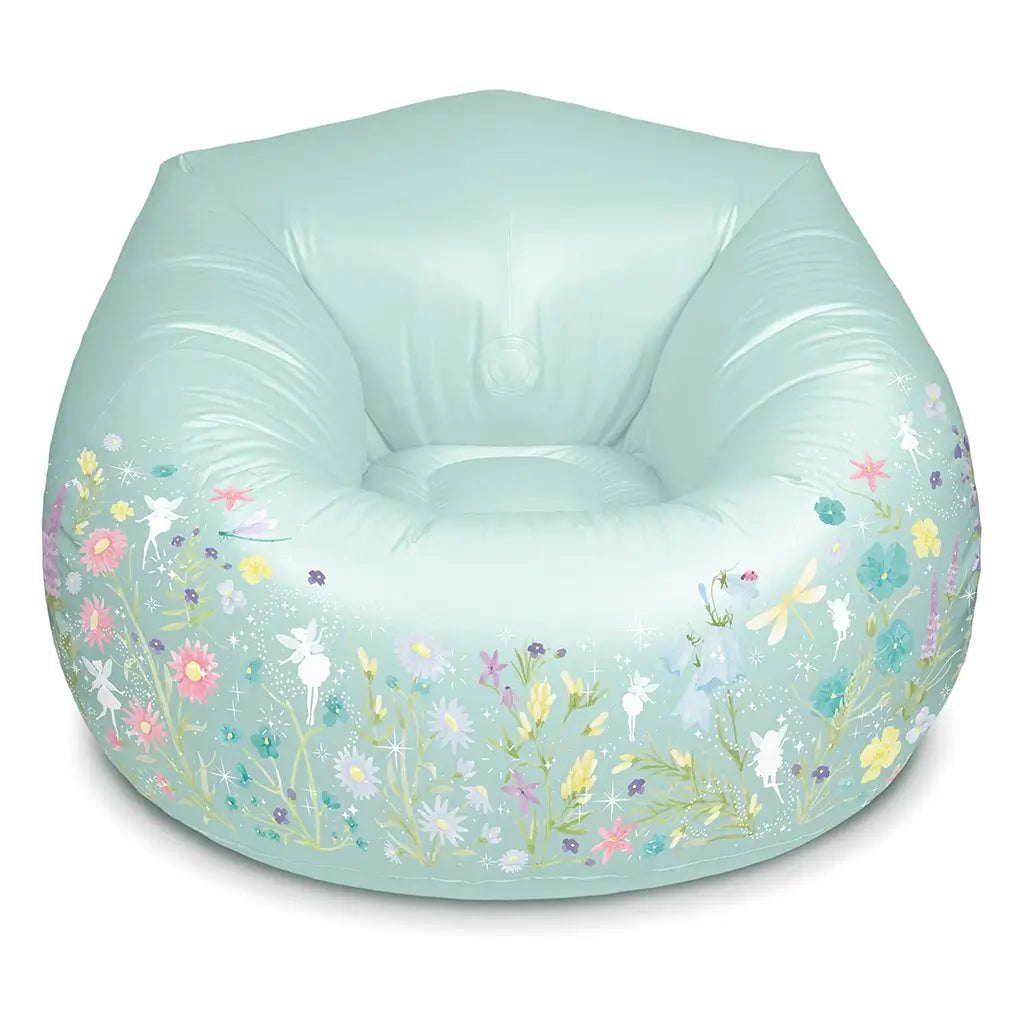 Front view of the 3C4G Inflatable Fairy Garden Chair showing its glossy mint color, fairy silhouettes, and blooming pastel flowers surrounding the base.