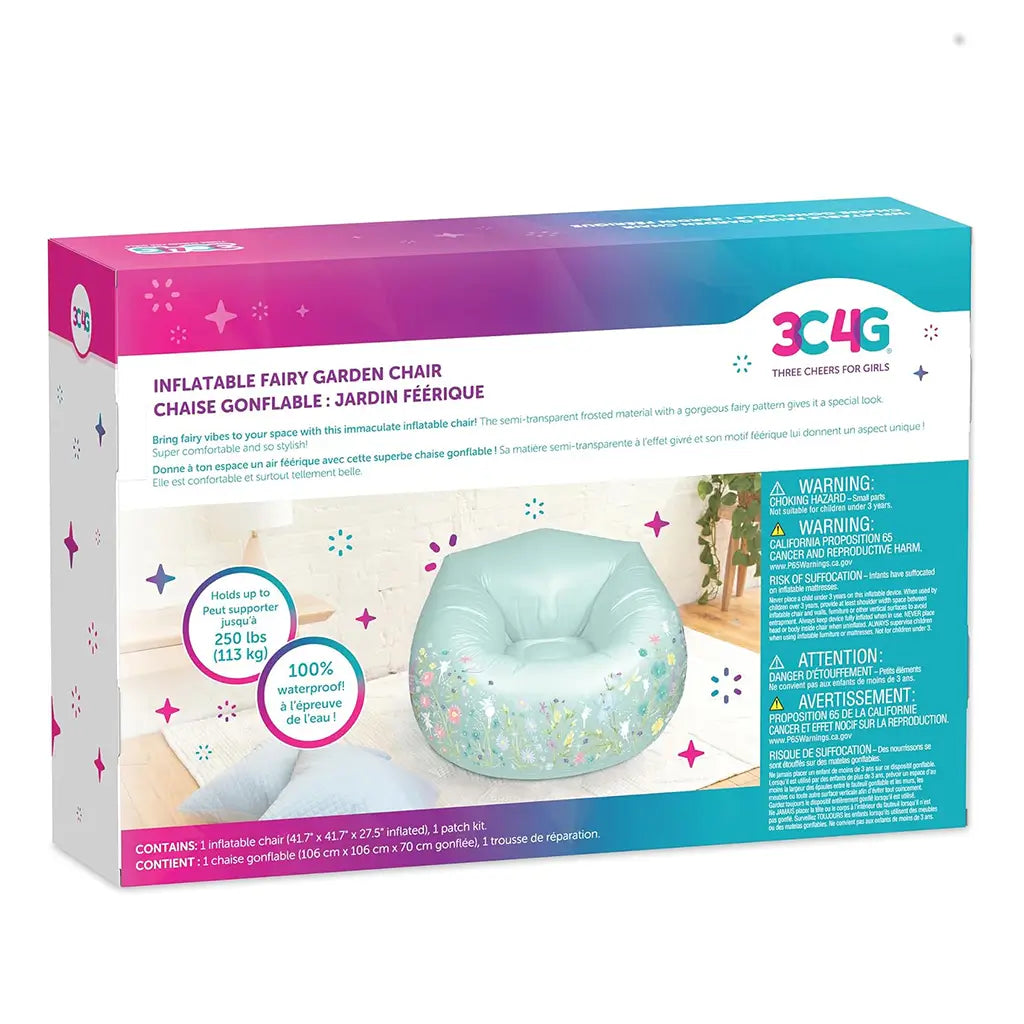Back of 3C4G Inflatable Fairy Garden Chair box showing product details, safety information, and an image of the mint green fairy-patterned inflatable chair.