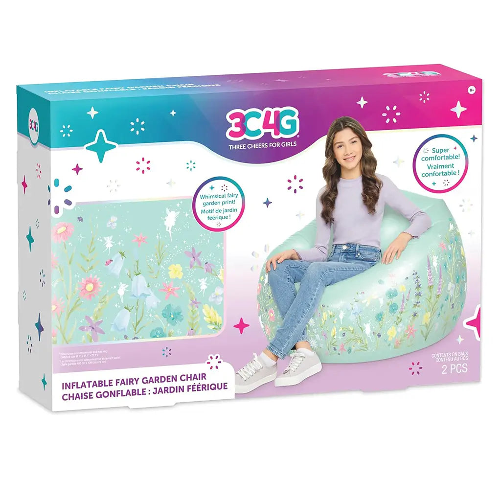 Front of 3C4G Inflatable Fairy Garden Chair packaging displaying whimsical floral and fairy print design, highlighting comfort and magical decorative appeal.