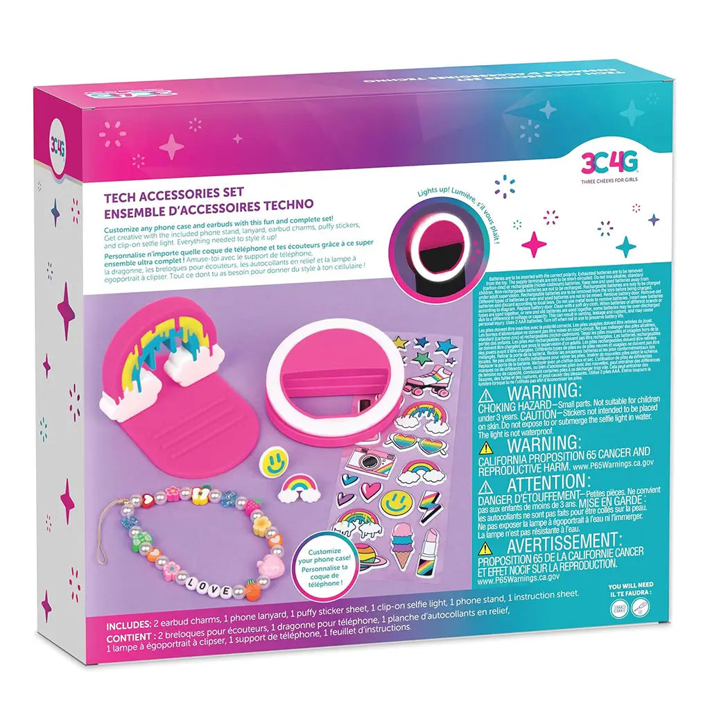 Back of 3C4G Tech Accessories Set packaging displaying detailed product information, included pieces, and warnings alongside vibrant tech accessory visuals.