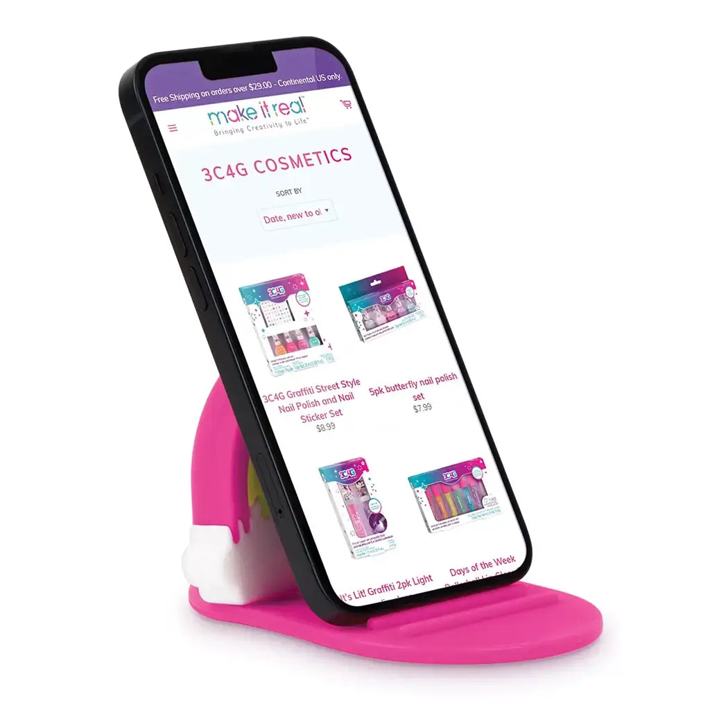 3C4G Tech Accessories Set showing a smartphone on a pink rainbow-themed phone stand, designed for hands-free viewing with a cute and colorful aesthetic.