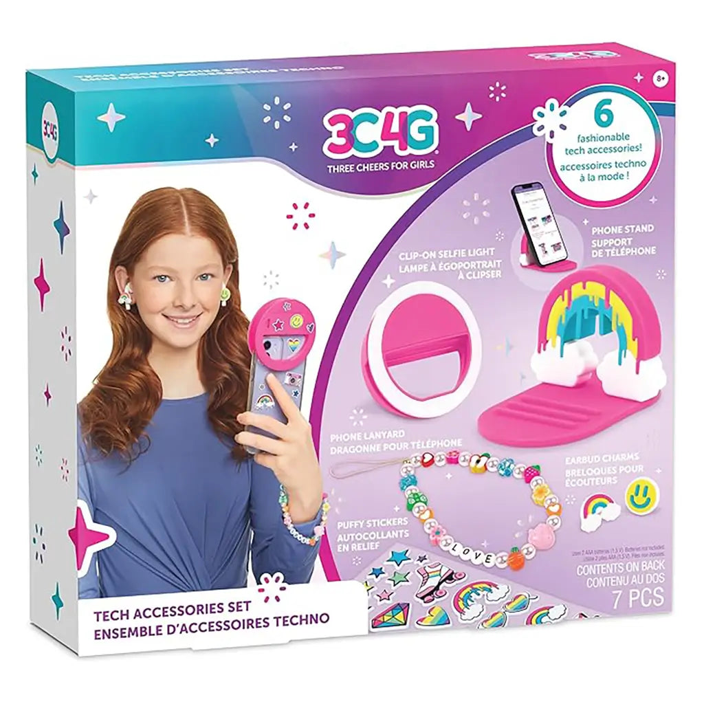 Front of 3C4G Tech Accessories Set packaging showing colorful tech add-ons like selfie light, phone stand, bracelet, and stickers for creative customization.