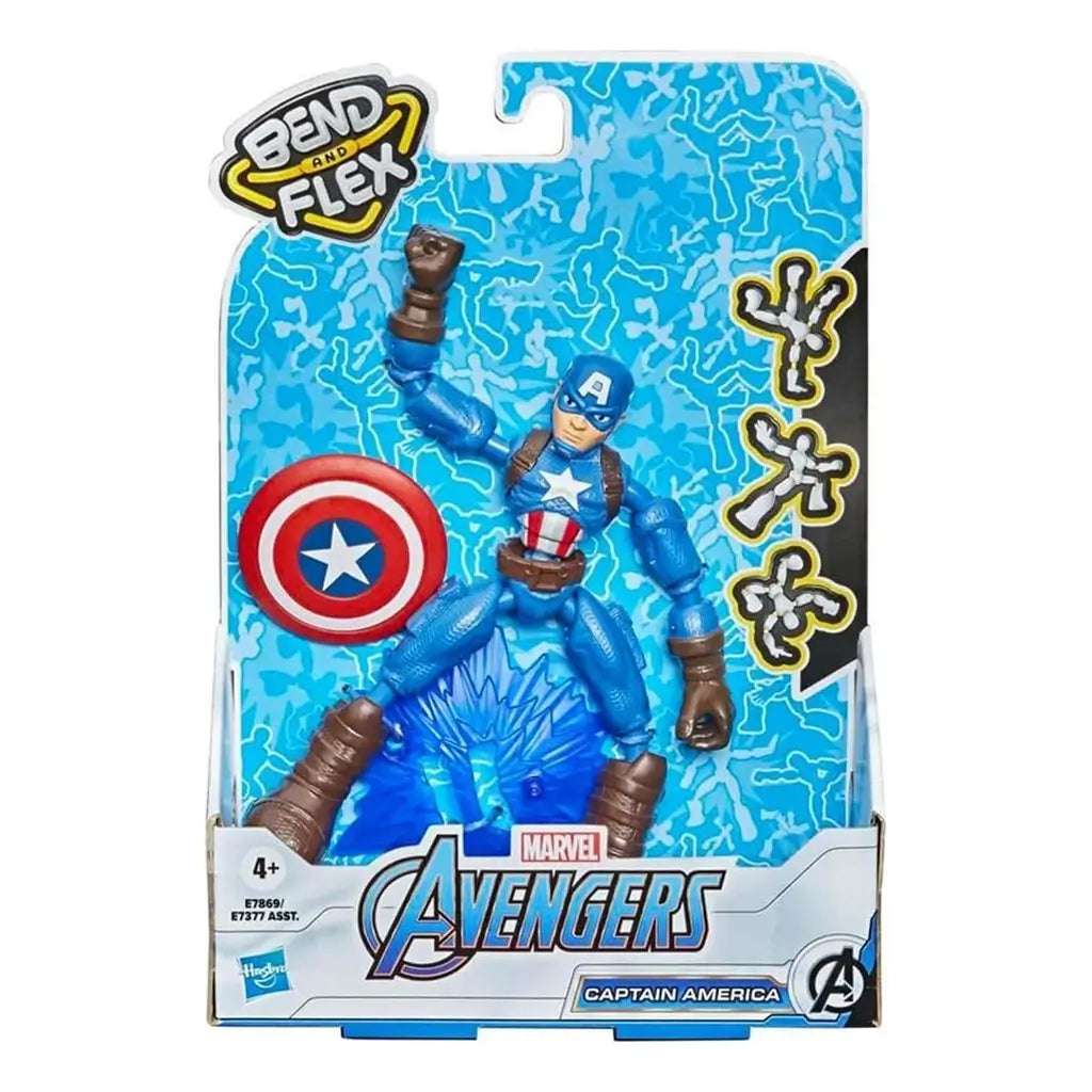 Marvel Avengers Bend and Flex Captain America action figure in retail packaging with bright blue lightning background, featuring shield accessory and Hasbro branding for ages four and up.