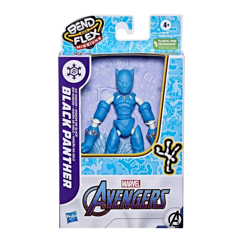 Front of Marvel Avengers Bend and Flex Missions Black Panther packaging showing blue and white action figure in window box with Ice Mission theme, snowflake icon, and Hasbro and Marvel logos.