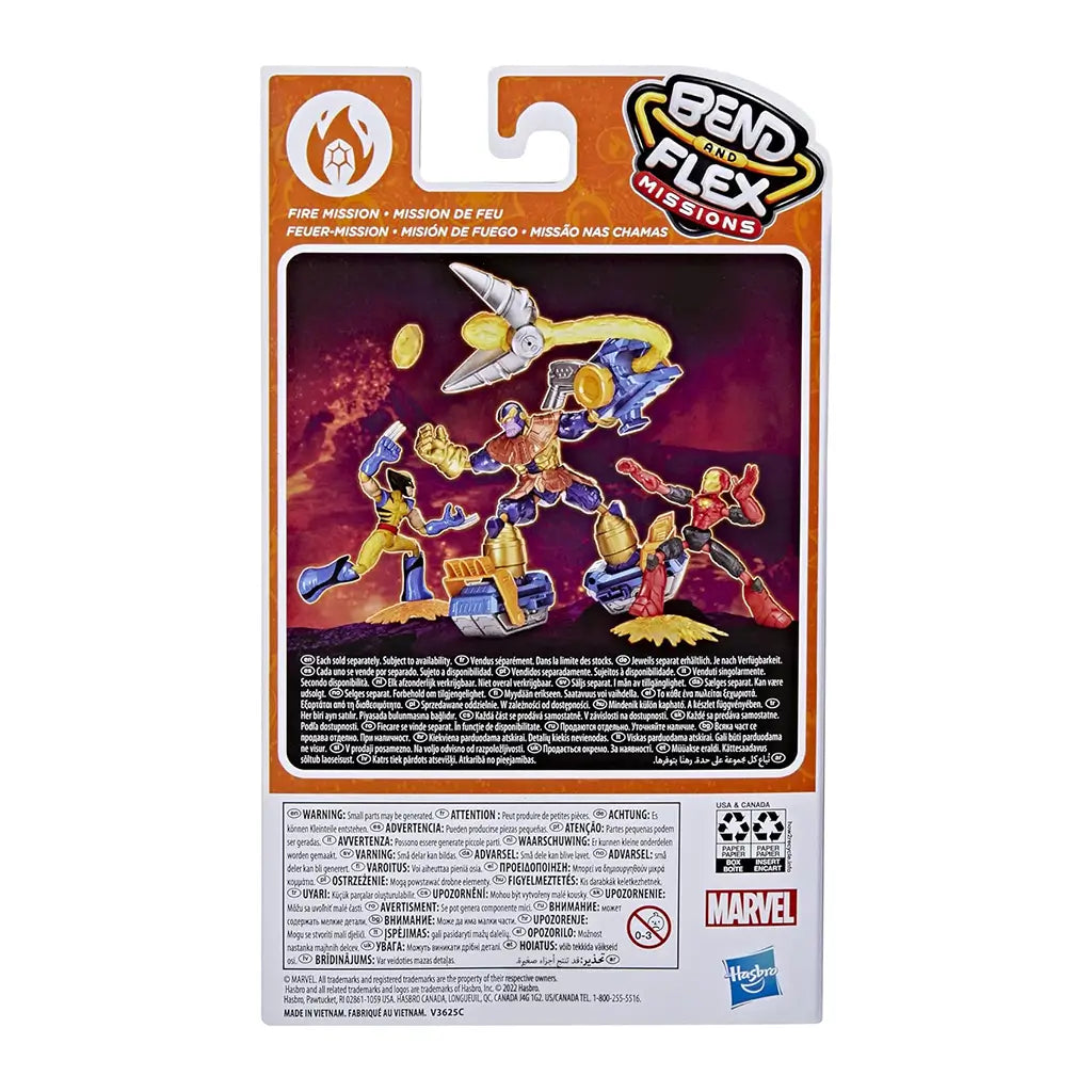 Back of Marvel Avengers Bend and Flex Missions Iron Man package showing colorful Fire Mission action figures posed dynamically against a fiery red background with multilingual details and branding.
