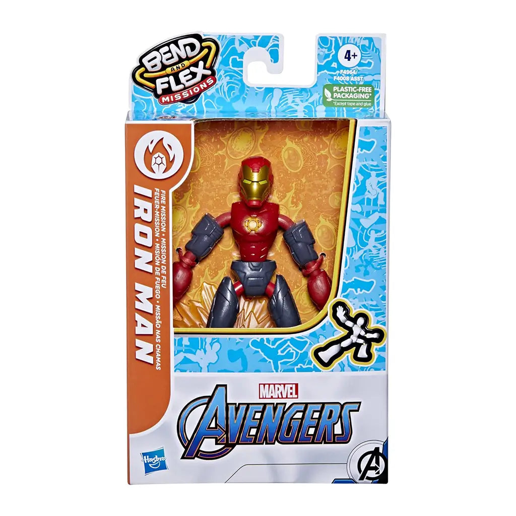 Front of Marvel Avengers Bend and Flex Missions Iron Man packaging with red and gold figure displayed in a window box, orange fire mission design, and Hasbro and Marvel Avengers logos.