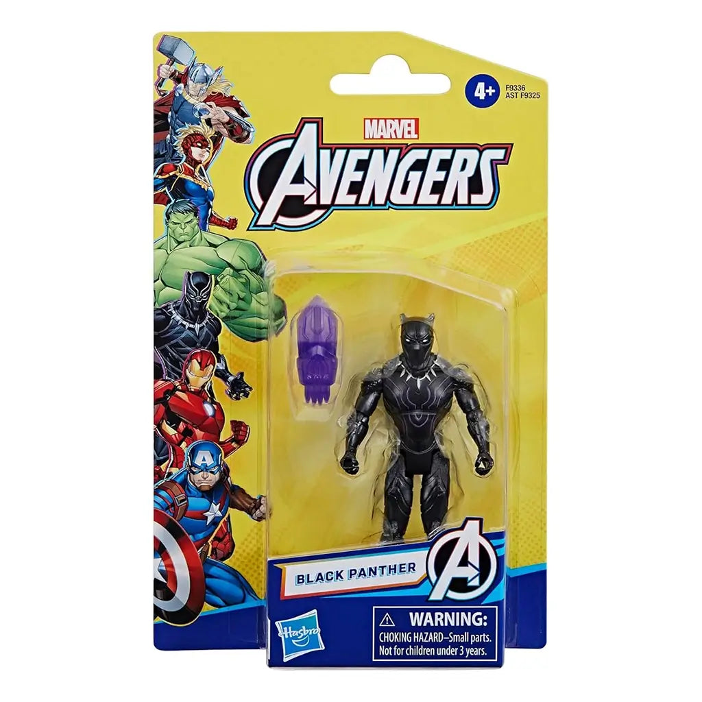 Marvel Avengers Black Panther 3.75-inch action figure packaged in yellow Hasbro blister card with Avengers artwork and purple accessory displayed beside figure.