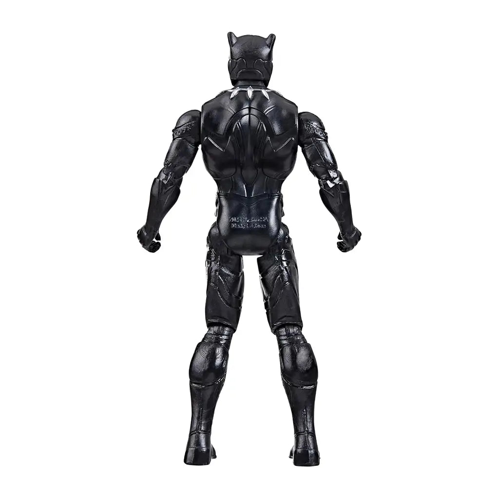Rear view of Marvel Avengers Black Panther 3.75-inch action figure, showing detailed sculpted armor lines and muscle definition on black suit against white background.