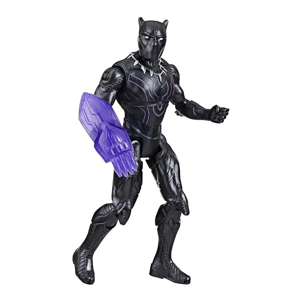 Marvel Avengers Black Panther 3.75-inch action figure in black sculpted suit with silver accents, shown in dynamic pose with purple claw accessory attached to arm.