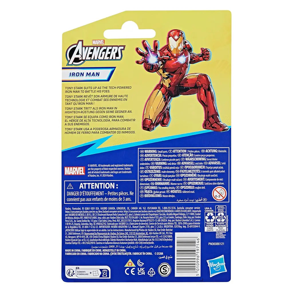 Back of Marvel Avengers Epic Hero Series Iron Man packaging displaying artwork of Iron Man in action pose, product description in multiple languages, and safety warnings at the bottom.