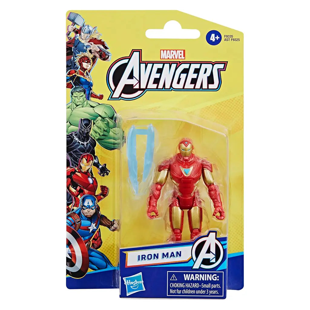 Front packaging of Marvel Avengers Epic Hero Series Iron Man 4-inch action figure with yellow and blue card, featuring character artwork of Avengers heroes and a clear blister display of the figure and accessory.