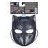 Marvel Black Panther mask shown from the rear with dark molded plastic, embossed patterns, and an attached elastic strap, displayed beneath detailed multilingual packaging text and safety information.