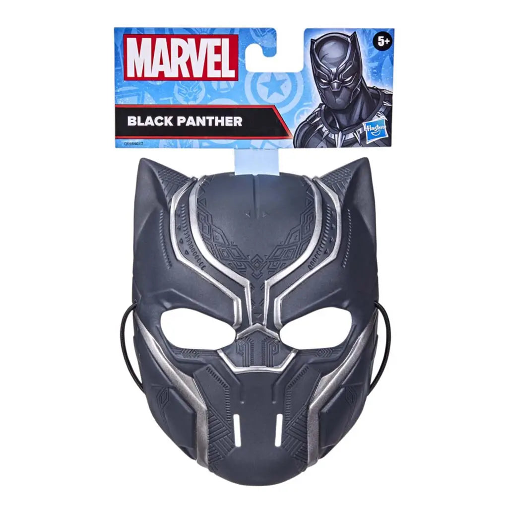 Marvel Black Panther mask displays dark sculpted plastic with silver tribal detailing and cat-ear shape, mounted on bright branded packaging for kids’ costume play and photographed against a white background.