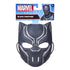 Marvel Black Panther mask displays dark sculpted plastic with silver tribal detailing and cat-ear shape, mounted on bright branded packaging for kids’ costume play and photographed against a white background.