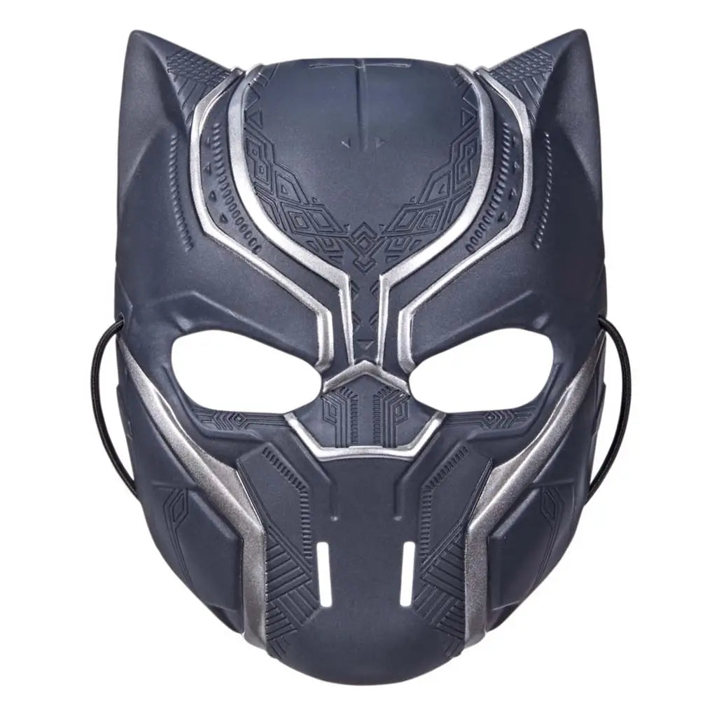 Marvel Black Panther mask features dark matte plastic with silver tribal accents shaping a cat-like form with angular eye openings, designed for kids’ role-play and shown against a plain backdrop.