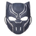 Marvel Black Panther mask features dark matte plastic with silver tribal accents shaping a cat-like form with angular eye openings, designed for kids’ role-play and shown against a plain backdrop.