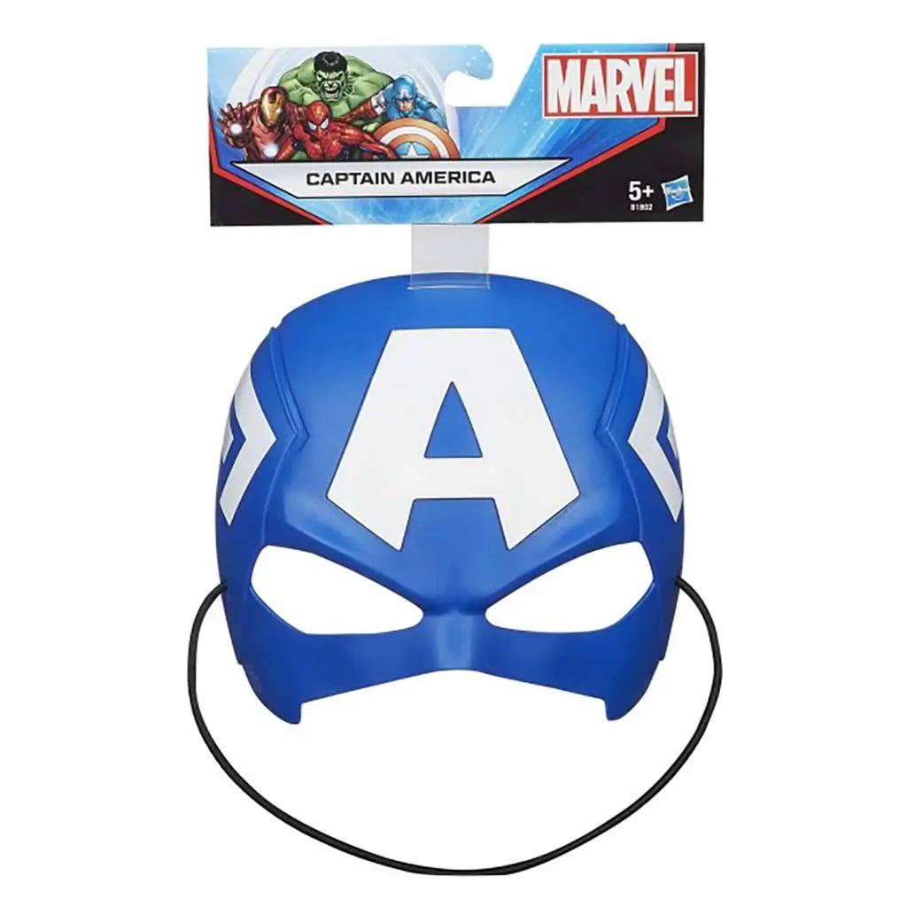Marvel Captain America mask shows a bright blue plastic helmet-style form with bold white “A” graphics and eye cutouts, designed for kids’ role-play costumes and displayed against its character-printed packaging.