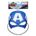 Marvel Captain America mask shows a bright blue plastic helmet-style form with bold white “A” graphics and eye cutouts, designed for kids’ role-play costumes and displayed against its character-printed packaging.
