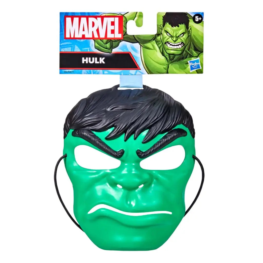 Marvel Hulk mask toy by Hasbro featuring bright green molded plastic face with black hair and angry expression, designed for kids aged 5 and up with elastic strap for secure fit.