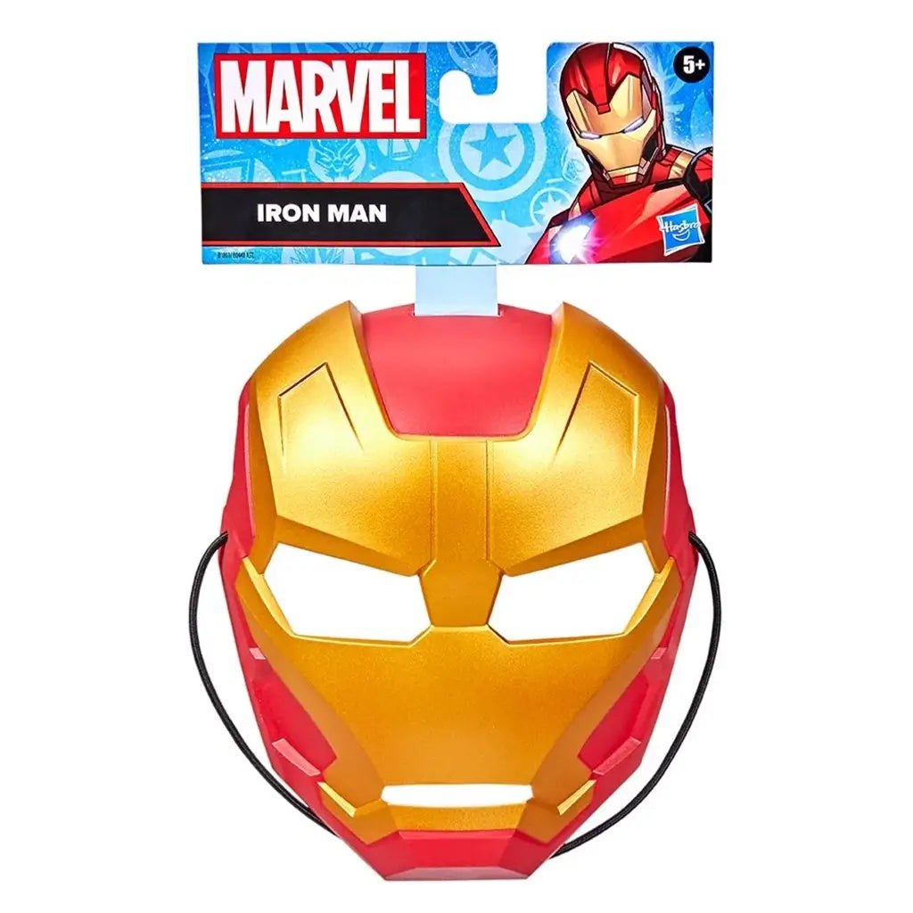 Marvel Iron Man mask shows a bright gold and red plastic faceplate with angular metallic contours and narrow eye openings, designed for kids’ costume role-play and attached to bold character packaging.