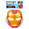 Marvel Iron Man mask shows a bright gold and red plastic faceplate with angular metallic contours and narrow eye openings, designed for kids’ costume role-play and attached to bold character packaging.