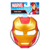 Marvel Iron Man mask shows a bright gold and red plastic faceplate with angular metallic contours and narrow eye openings, designed for kids’ costume role-play and attached to bold character packaging.