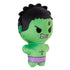 Angled view of Marvel Moodiverse Angry Hulk plush, green fabric toy with stitched fierce expression, black spiky hair, and purple shorts, compact 4-inch soft collectible.