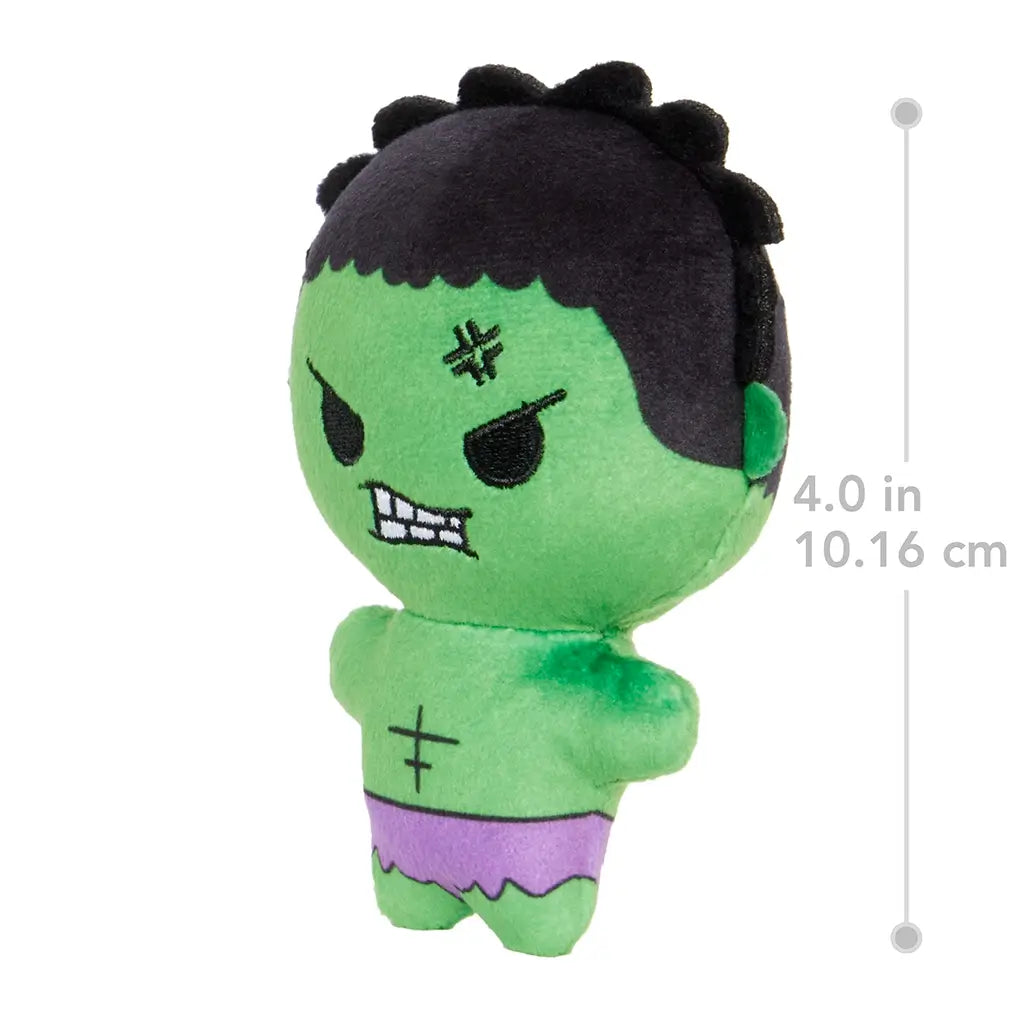 Marvel Moodiverse Angry Hulk plush toy shown at 4 inches tall, green soft fabric with stitched scowl, embroidered clenched teeth, black textured hair, and purple shorts.