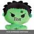 Close-up of Marvel Moodiverse Angry Hulk plush, green soft-textured toy with embroidered angry brows, clenched teeth, and black stitched hair, emphasizing strong emotional detail.