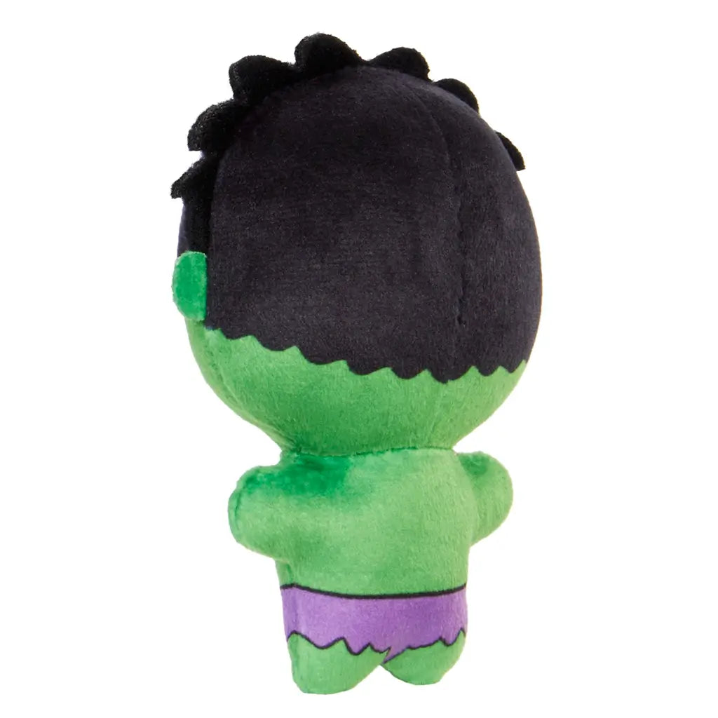 Rear view of Marvel Moodiverse Angry Hulk plush, smooth green fabric with black textured hair and purple shorts, highlighting stitching and back details of collectible plush.