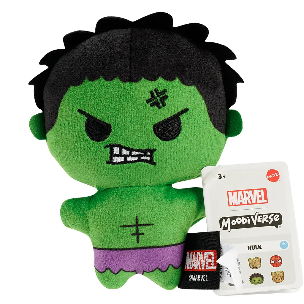 Marvel Moodiverse Series 1 Angry Hulk plush toy, soft green fabric with black hair, stitched frowning face, clenched teeth, and purple shorts, shown with Marvel brand tag.