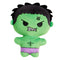 Front view of Marvel Moodiverse Angry Hulk plush, soft green body with embroidered frown, black hair, stitched clenched teeth, and classic purple shorts, measuring 4 inches tall.