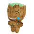 Angled view of Marvel Moodiverse Laughing Groot plush, brown soft-textured toy with green fabric crown, embroidered laughing face with joyful tears, compact and cuddly figure.