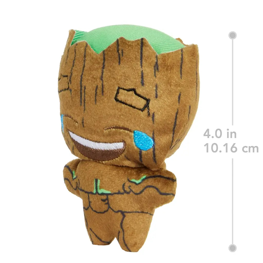 Marvel Moodiverse Series 1 Laughing Groot plush toy, soft brown fabric with embroidered details, green top accents, smiling face with tears of joy, shown at 4 inches tall.