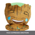 Close-up of Marvel Moodiverse Laughing Groot plush, soft brown fabric with green top, embroidered happy face with joyful tears, emphasizing emotional expression.
