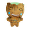 Front view of Marvel Moodiverse Laughing Groot plush, brown tree-like soft fabric with green crown, stitched smiling mouth and teardrop details, compact 4-inch collectible toy.